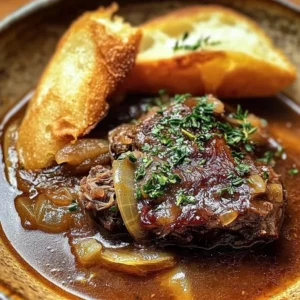 Bowl of French Onion Beef Short Rib Soup topped with melted cheese and herbs