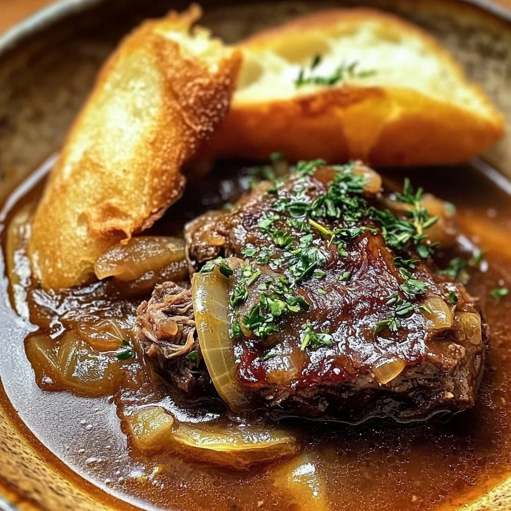 Bowl of French Onion Beef Short Rib Soup topped with melted cheese and herbs