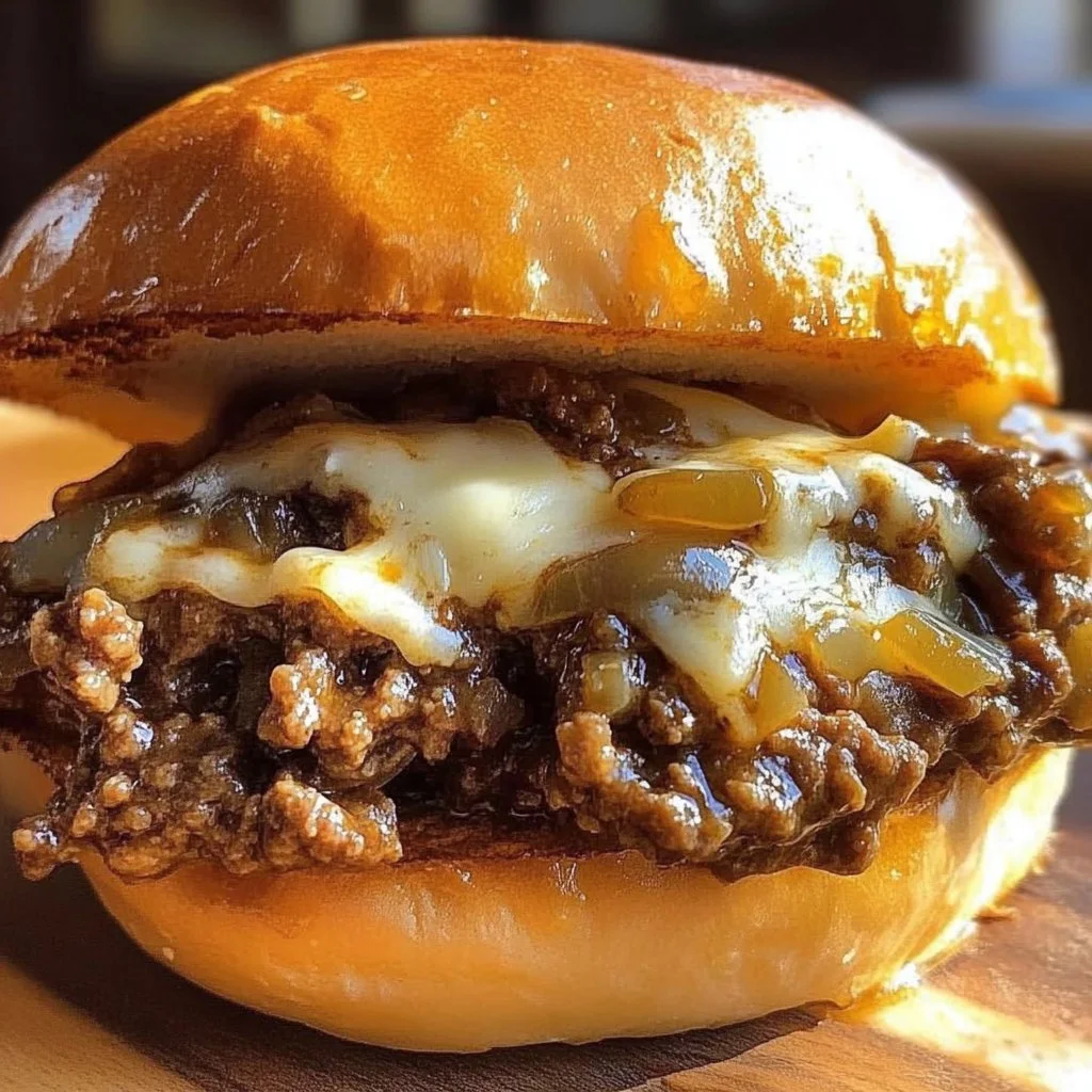 Delicious French Onion Beef Sloppy Joes served on a wooden platter