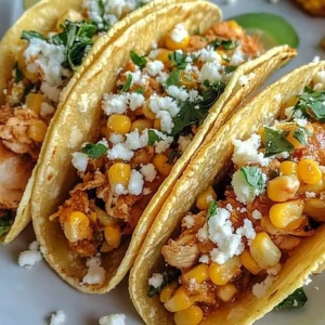 Fried chicken tacos with street corn toppings on a plate