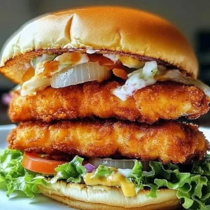Crispy fried fish burger served with fresh toppings and garnishes.
