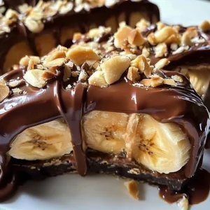 Delicious Frozen Banana Snickers dessert garnished with chocolate and nuts