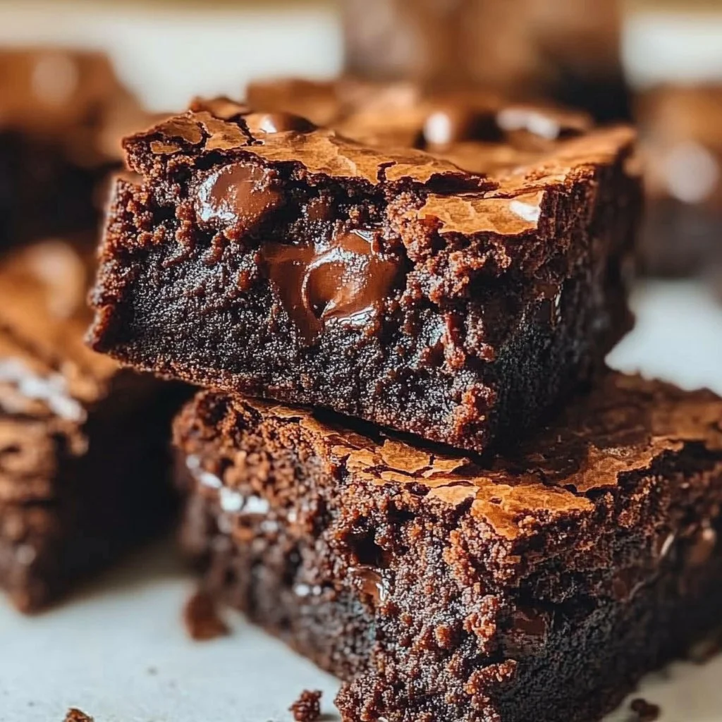 Delicious fudgy brownies topped with chocolate chips on a rustic wooden table