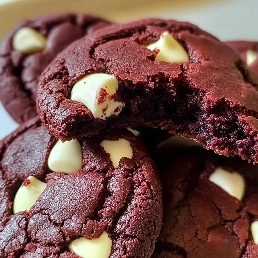 Fudgy red velvet cookies with cream cheese frosting on a plate