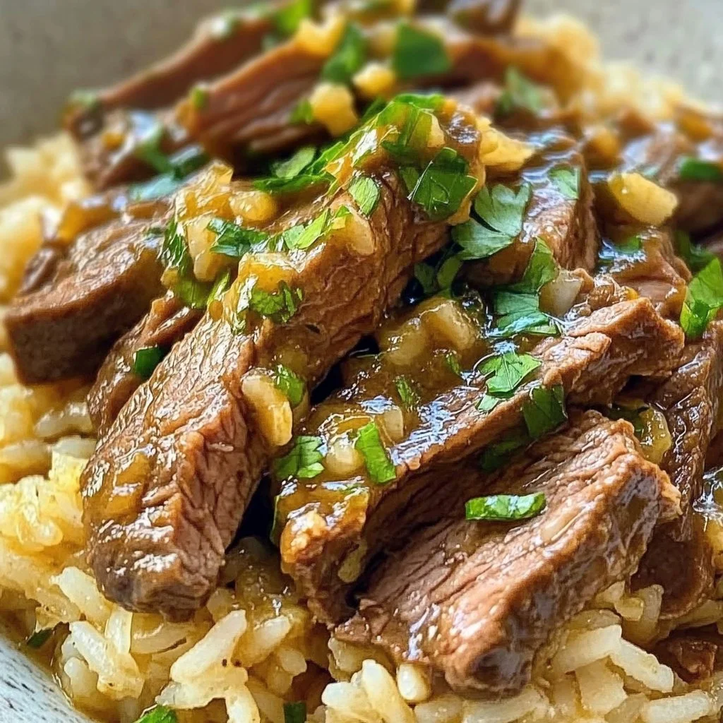 Plate of Garlic Butter Beef with rice, highlighting its rich and savory flavor.