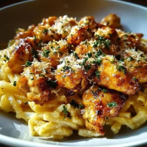 Garlic Butter Chicken Bites served with Parmesan Pasta on a white plate
