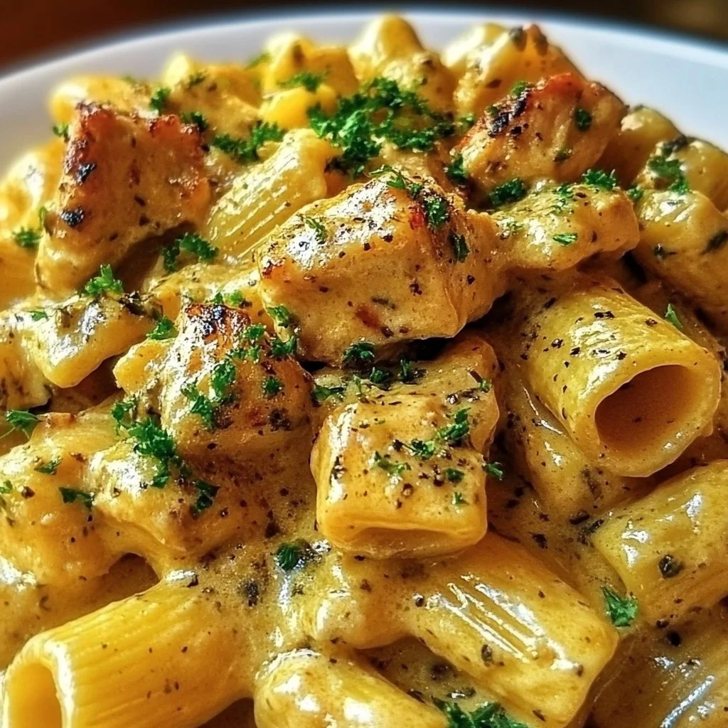 Delicious Garlic Butter Chicken Rigatoni served in a bowl