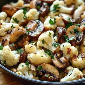 Garlic Cauliflower Mushroom Skillet cooked in a pan with vibrant veggies