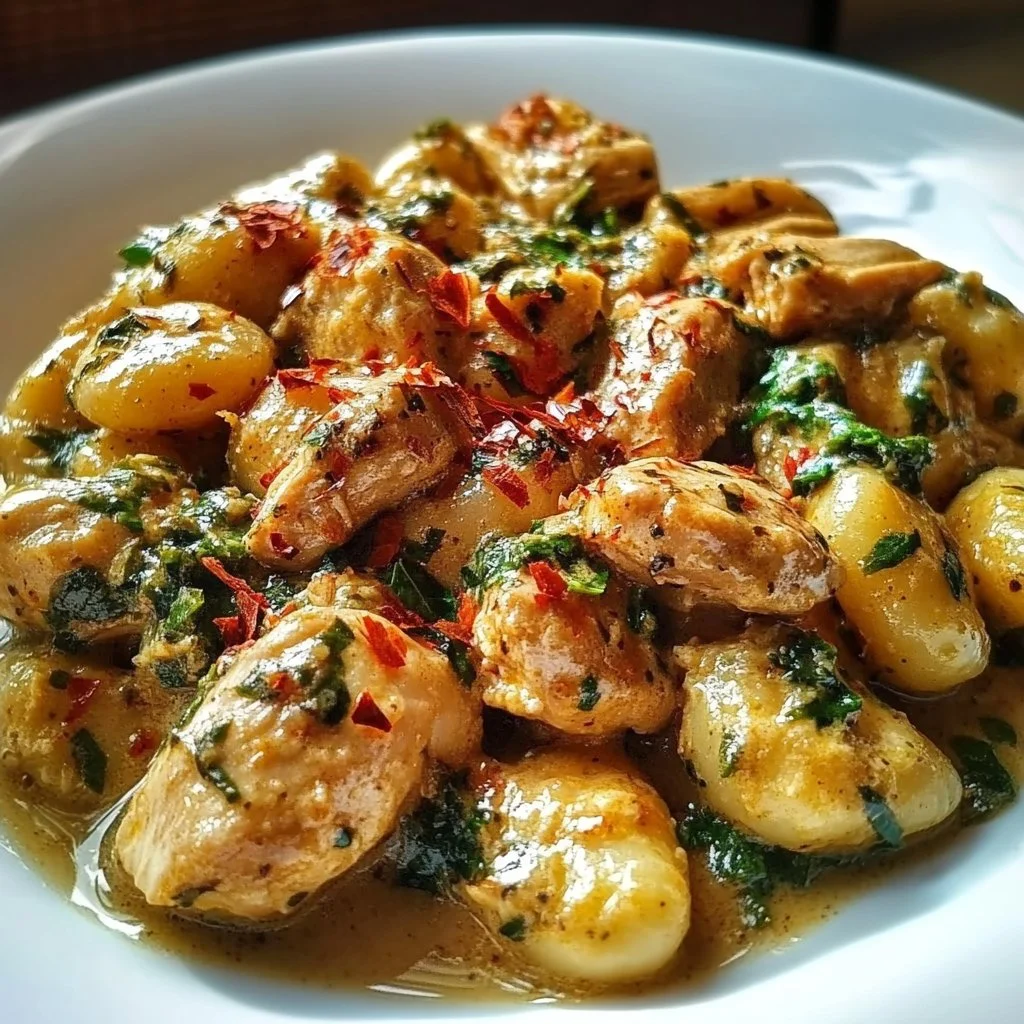 Delicious Garlic Chicken Gnocchi served in a bowl, garnished with parsley.