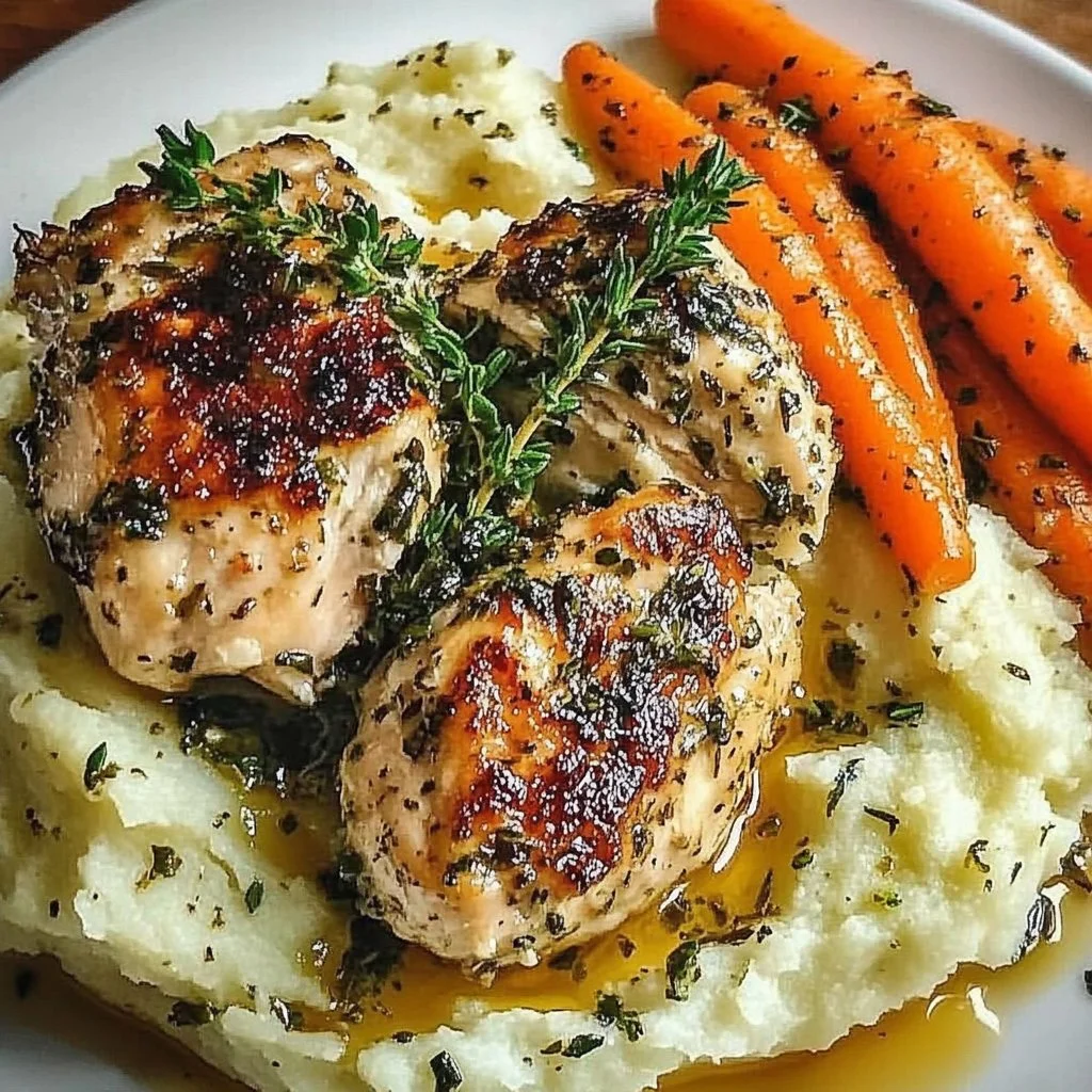 Plate of Garlic Herb Chicken with creamy mash and roasted carrots