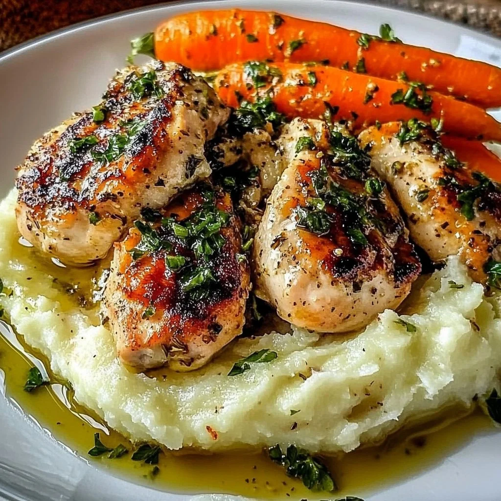 Garlic Herb Chicken with Creamy Mash & Roasted Carrots