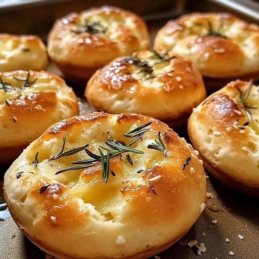 Freshly baked garlic and rosemary focaccia muffins on a wooden board