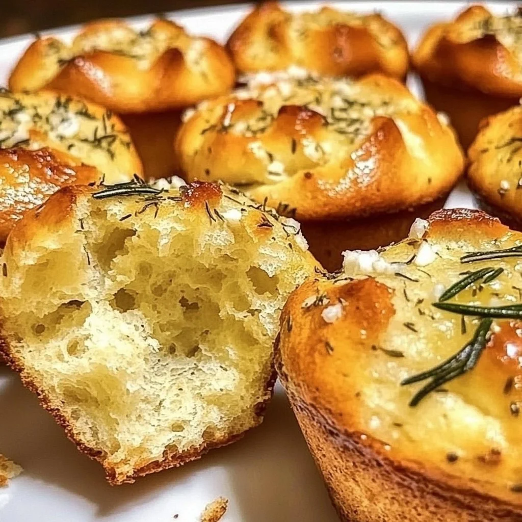 Garlic Rosemary Focaccia muffins rising in a baking tray with fresh rosemary.