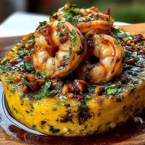 Delicious Garlic Shrimp Mofongo served with crispy plantains and herbs.