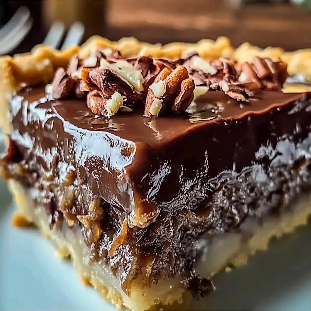 Decadent slice of German Chocolate Pie with chocolate layers and coconut topping