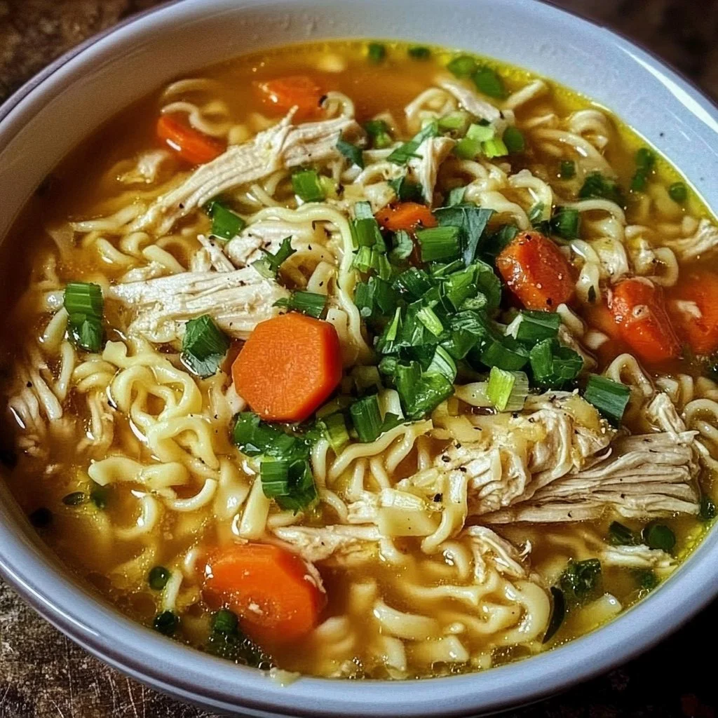 Ginger Garlic Chicken Noodle Soup in a bowl topped with fresh herbs