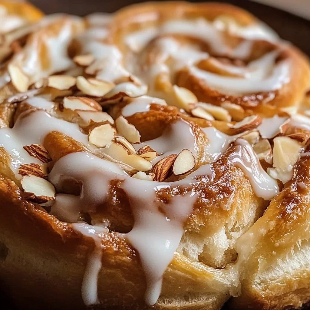 Gooey almond croissant cinnamon rolls freshly baked and ready to enjoy.