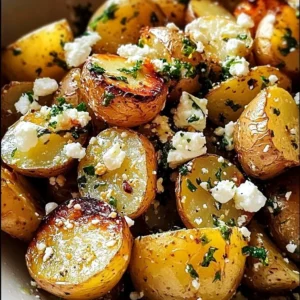 Delicious Greek roast potatoes with lemon and feta served in a dish