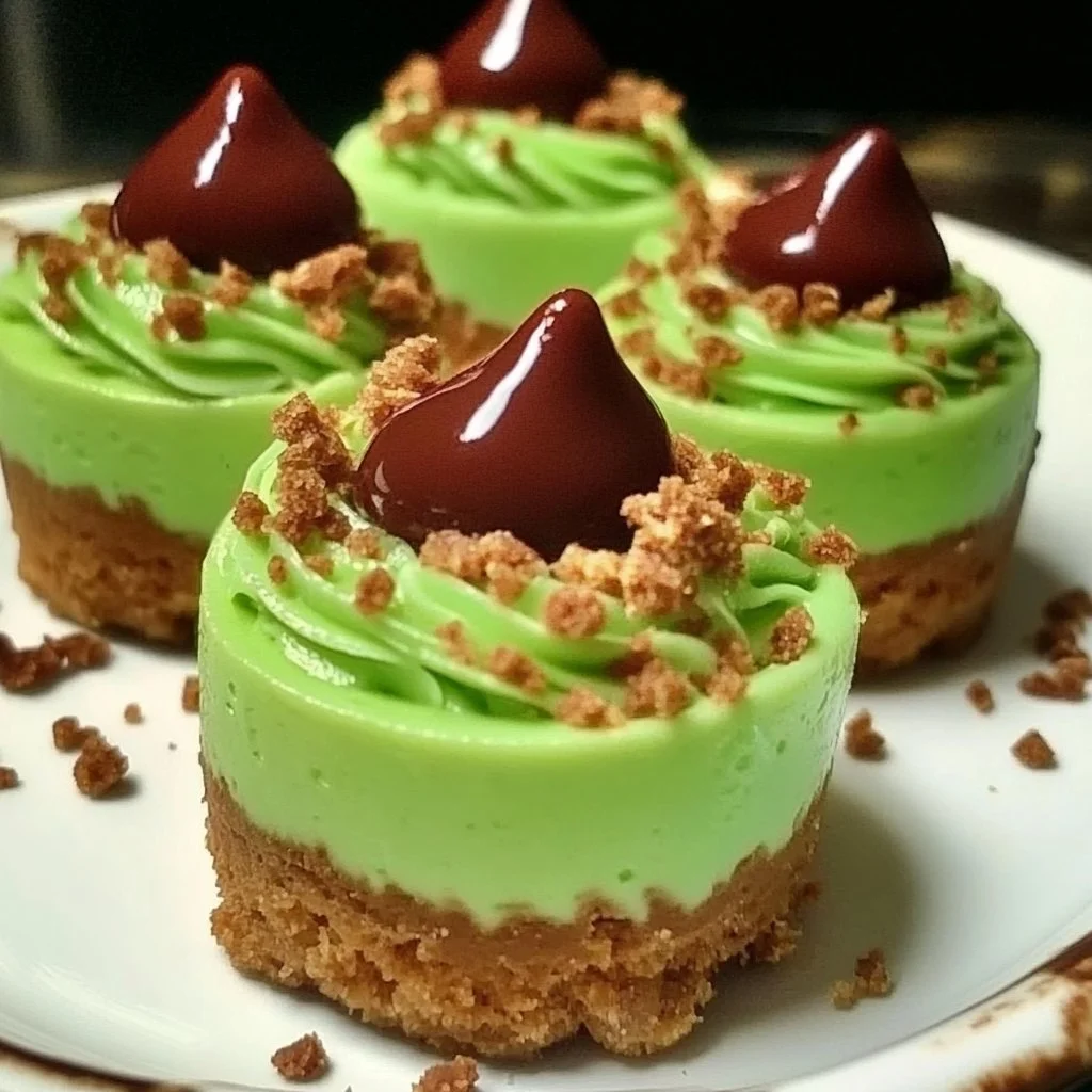 Grinch mini cheesecakes decorated with green frosting and red accents for the holidays
