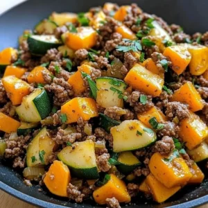 Ground Beef Zucchini Sweet Potato Skillet served in a pan