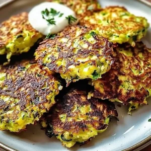 Healthy zucchini fritters served with dipping sauce