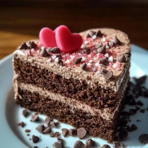 Delicious heart-shaped chocolate cake adorned for Valentine's Day celebration.