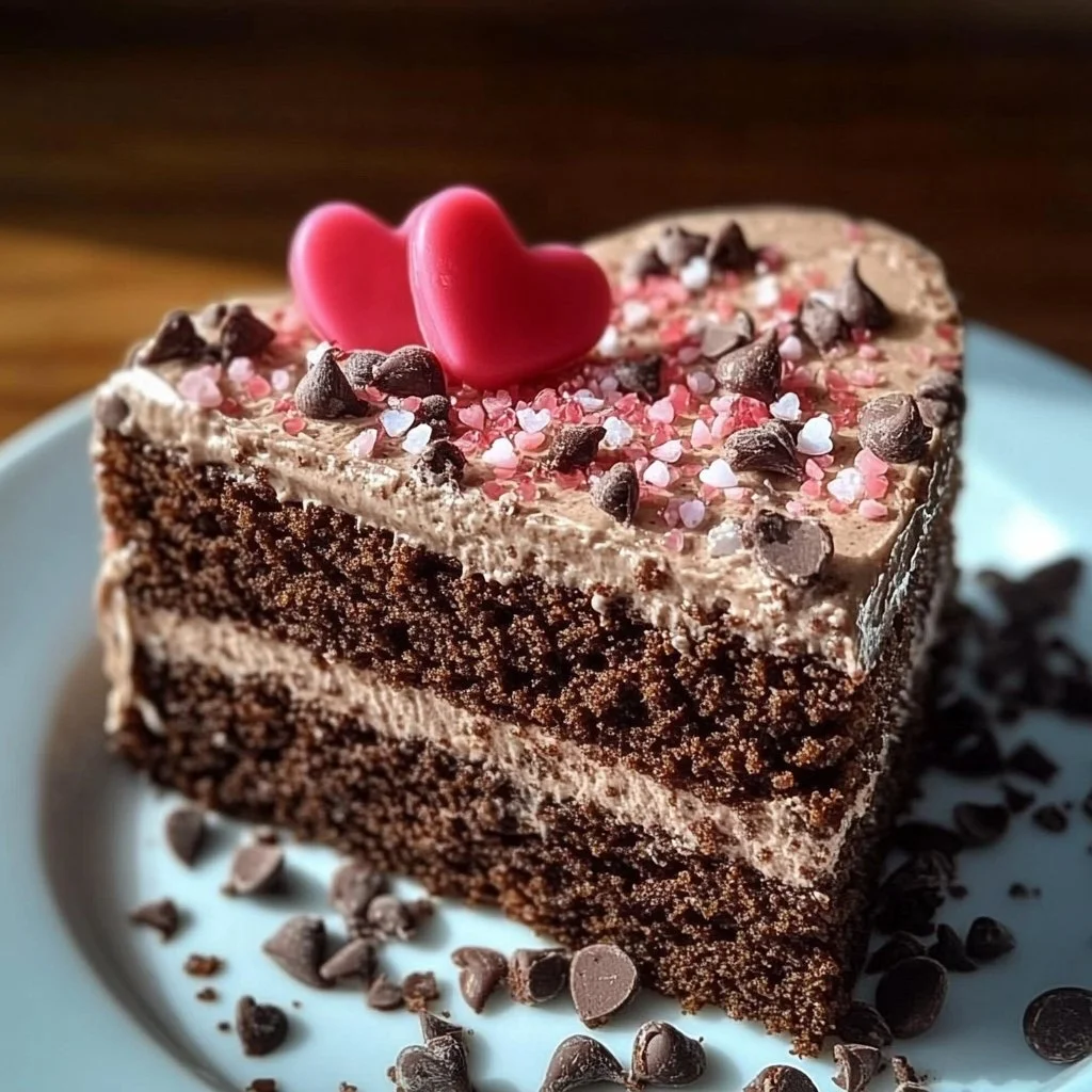 Delicious heart-shaped chocolate cake adorned for Valentine's Day celebration.