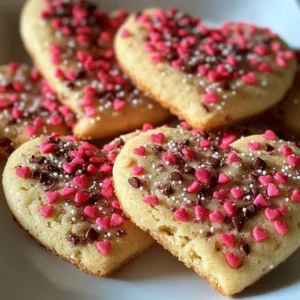 A tray of freshly baked heart-shaped cookies decorated with icing and sprinkles