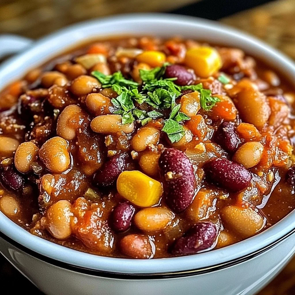 Bowl of hearty slow cooker cowboy beans with rich flavor and textures