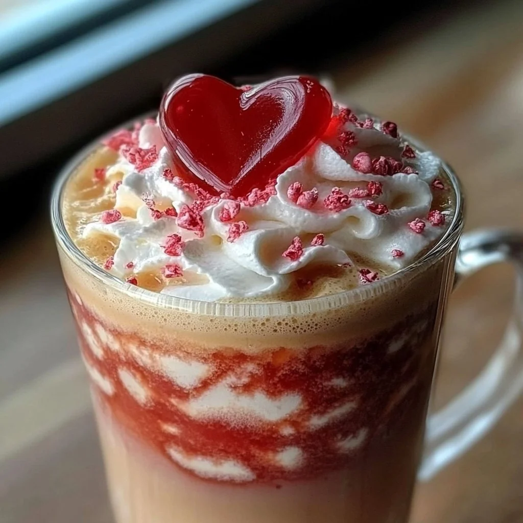 Homemade Valentine Starbucks Drink with pink whipped cream and heart sprinkles
