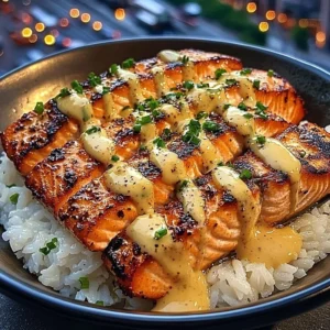 Delicious Honey Butter Salmon served with creamy coconut rice on a plate