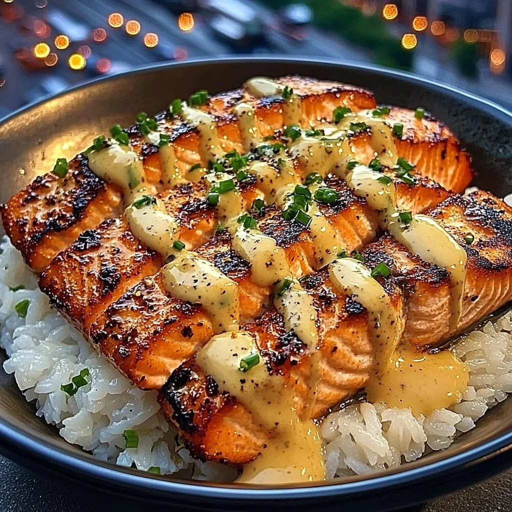 Delicious Honey Butter Salmon served with creamy coconut rice on a plate