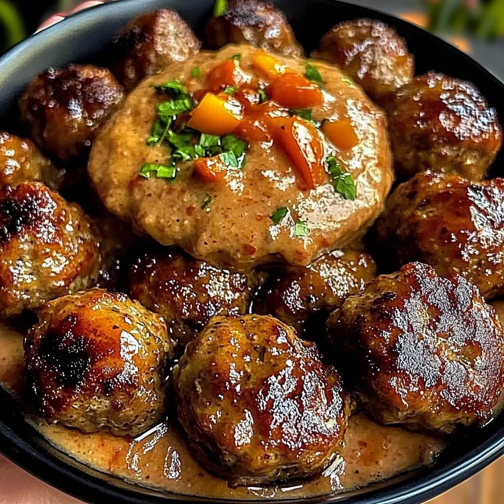 Honey Garlic Meatballs served with a sweet pepper dip