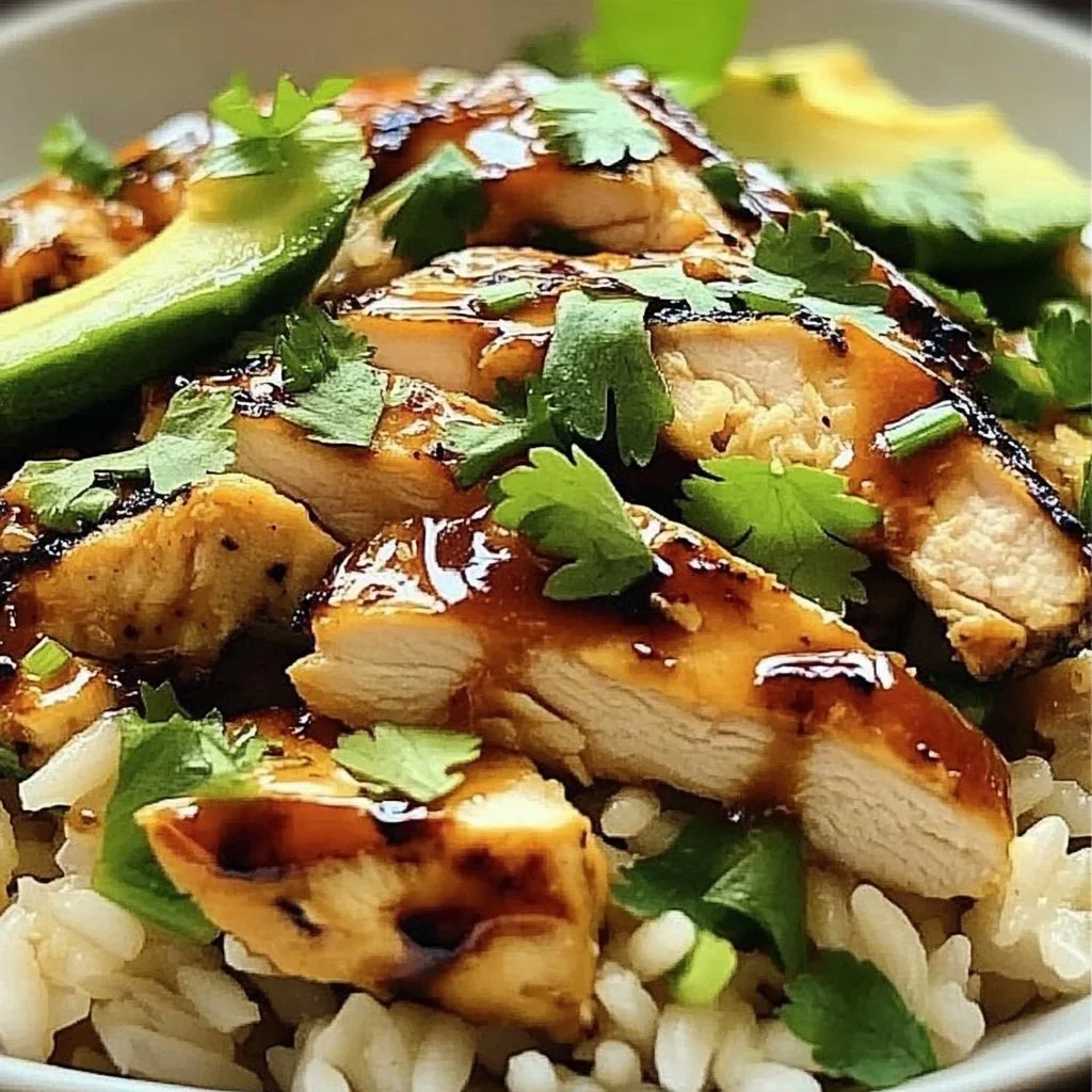 Delicious Honey Lime Chicken served with avocado rice and lime garnish.
