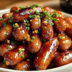 Platter of hot honey garlic little smokies drizzled with honey glaze