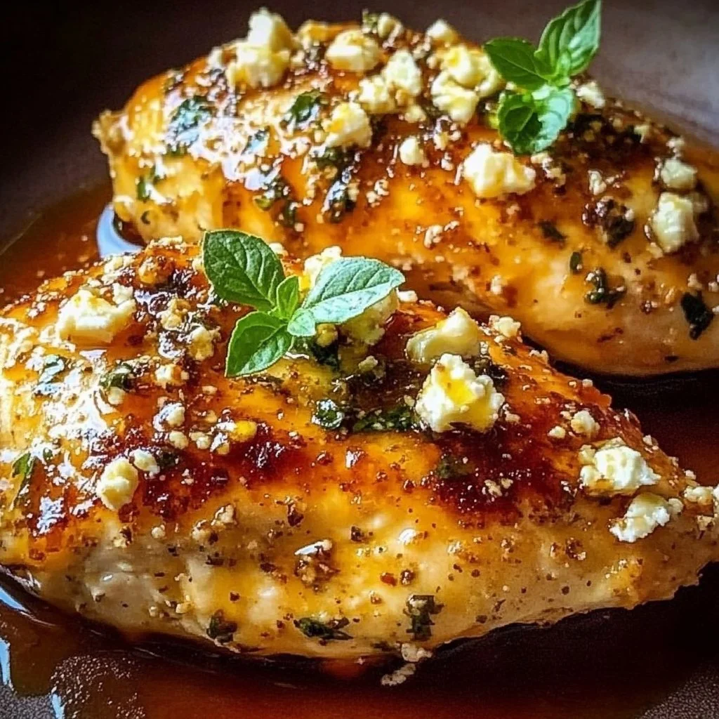 Delicious Hot Honey Infused Feta Chicken garnished with herbs and spices