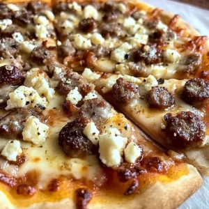 Hot Sausage Feta Honey Pizza topped with bold flavors and drizzled with honey.