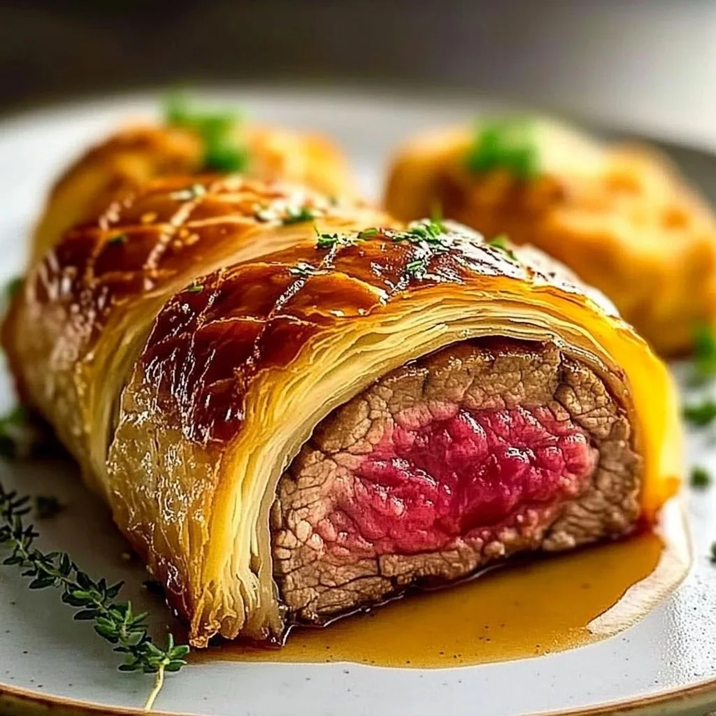 Juicy Beef Wellington showcasing tender beef wrapped in golden pastry