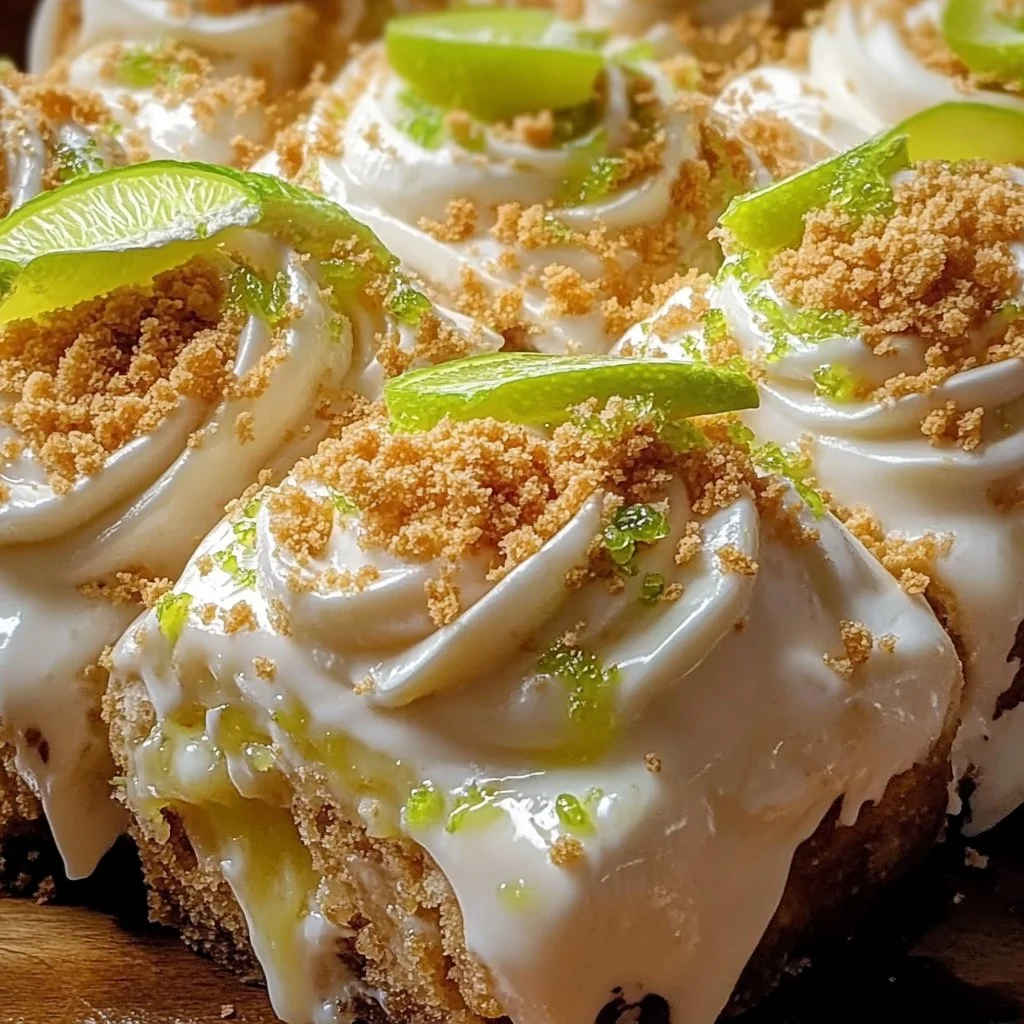 Delicious Key Lime Pie Rolls with a graham cracker crust, garnished with lime zest.