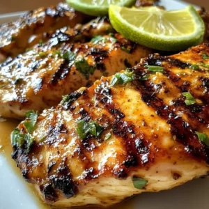 Delicious Key West grilled chicken garnished with tropical fruits and herbs