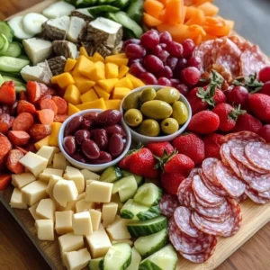 Colorful kids charcuterie board with fruits, veggies, and snacks for children's parties.