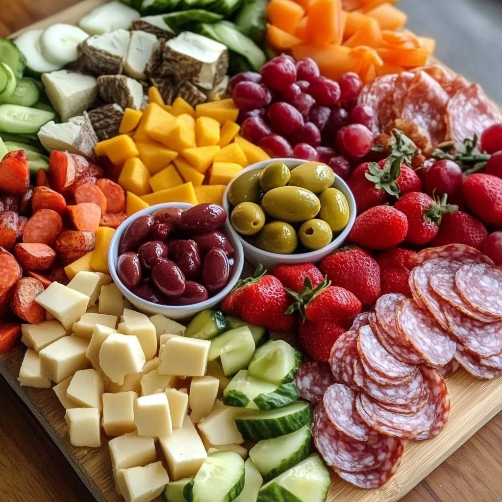 Colorful kids charcuterie board with fruits, veggies, and snacks for children's parties.