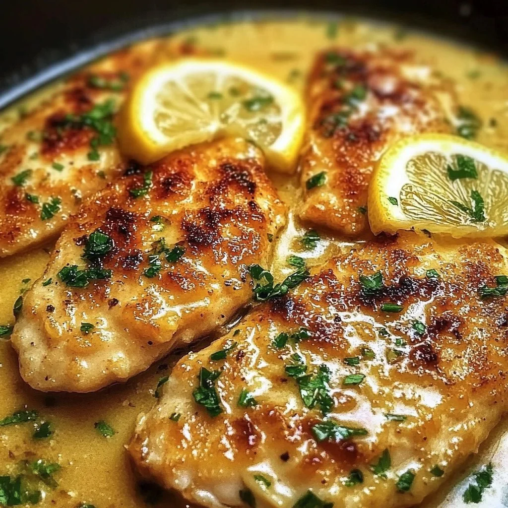 Lemon Butter Chicken Francese served with a garnish of fresh herbs