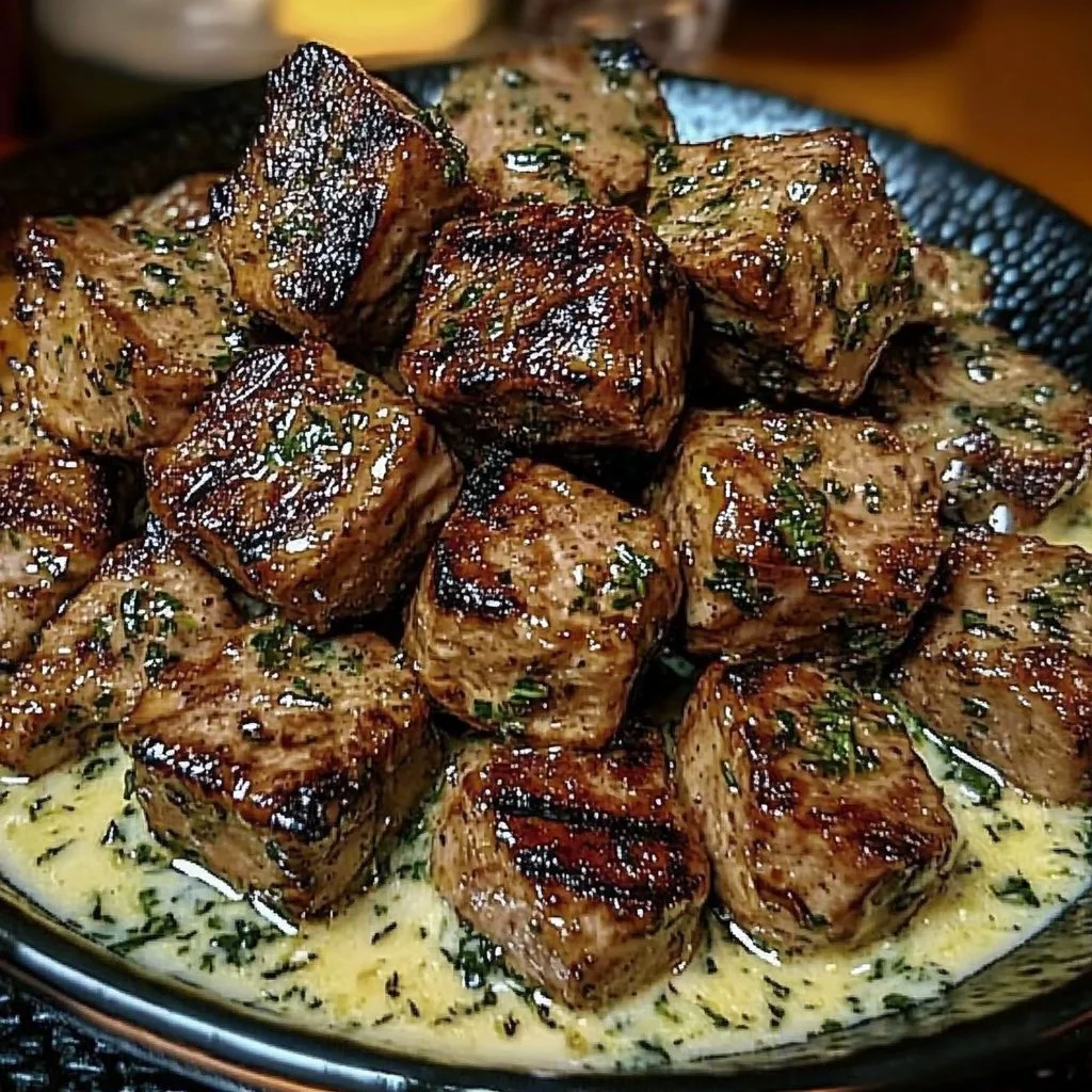 Delicious lemon butter steak cubes served with herb yogurt sauce
