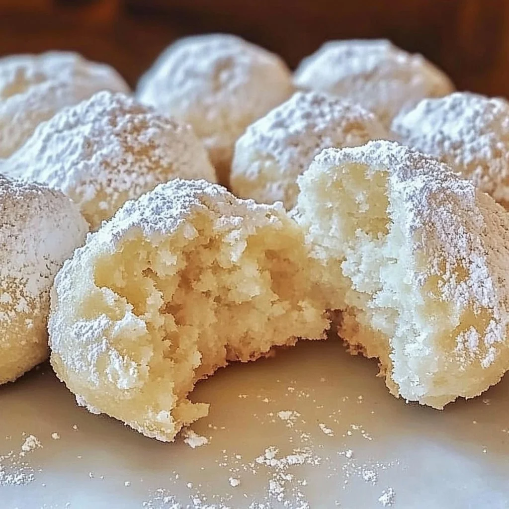 Delicious Lemon Cream Snowball Cookies on a white plate with lemon slices