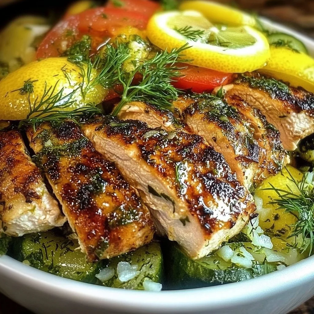 Healthy Lemon Dill Chicken bowls with fresh herbs and vegetables