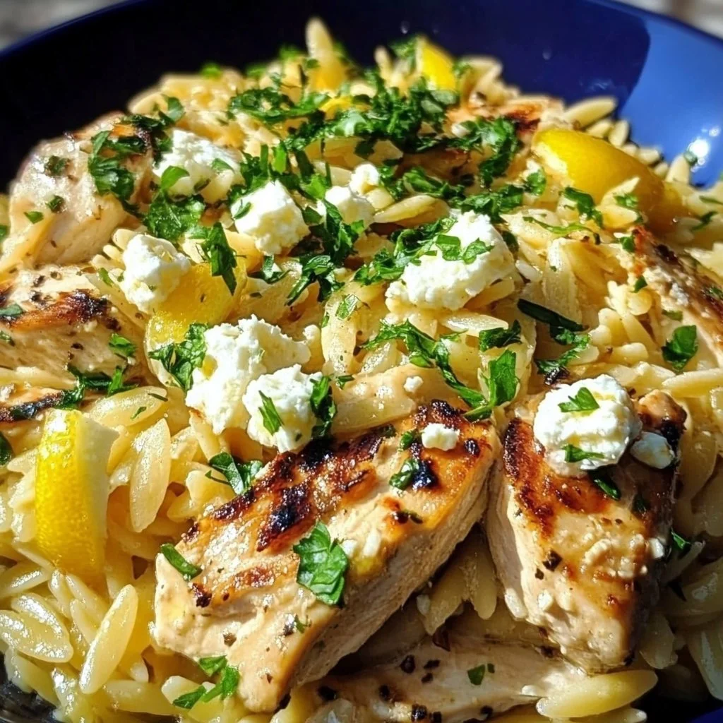 Lemon Feta Chicken dish served with orzo pasta and fresh herbs