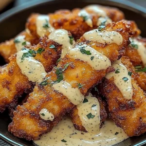 Plate of Lemon Garlic Chicken Strips served with creamy herb ranch dressing