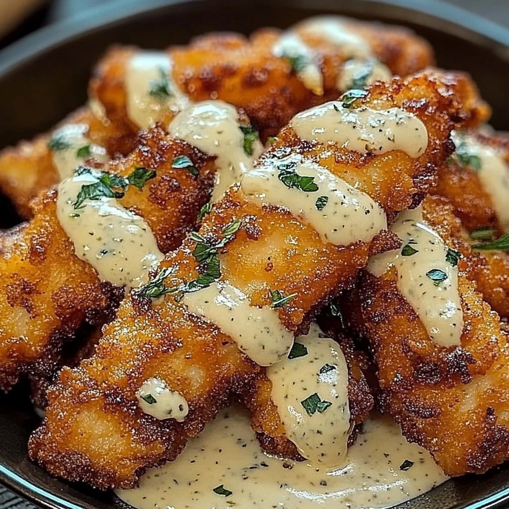 Plate of Lemon Garlic Chicken Strips served with creamy herb ranch dressing