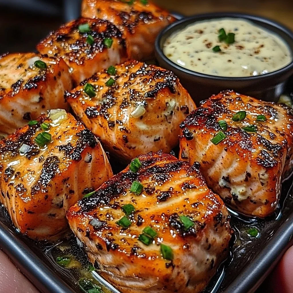 Lemon Pepper Salmon Bites served with creamy garlic dip on a plate